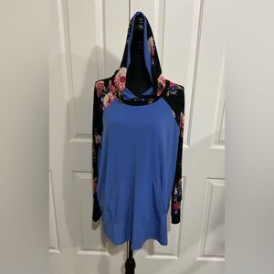 LuLaRoe XL Blue Amber Hoodie with Black Floral Sleeves